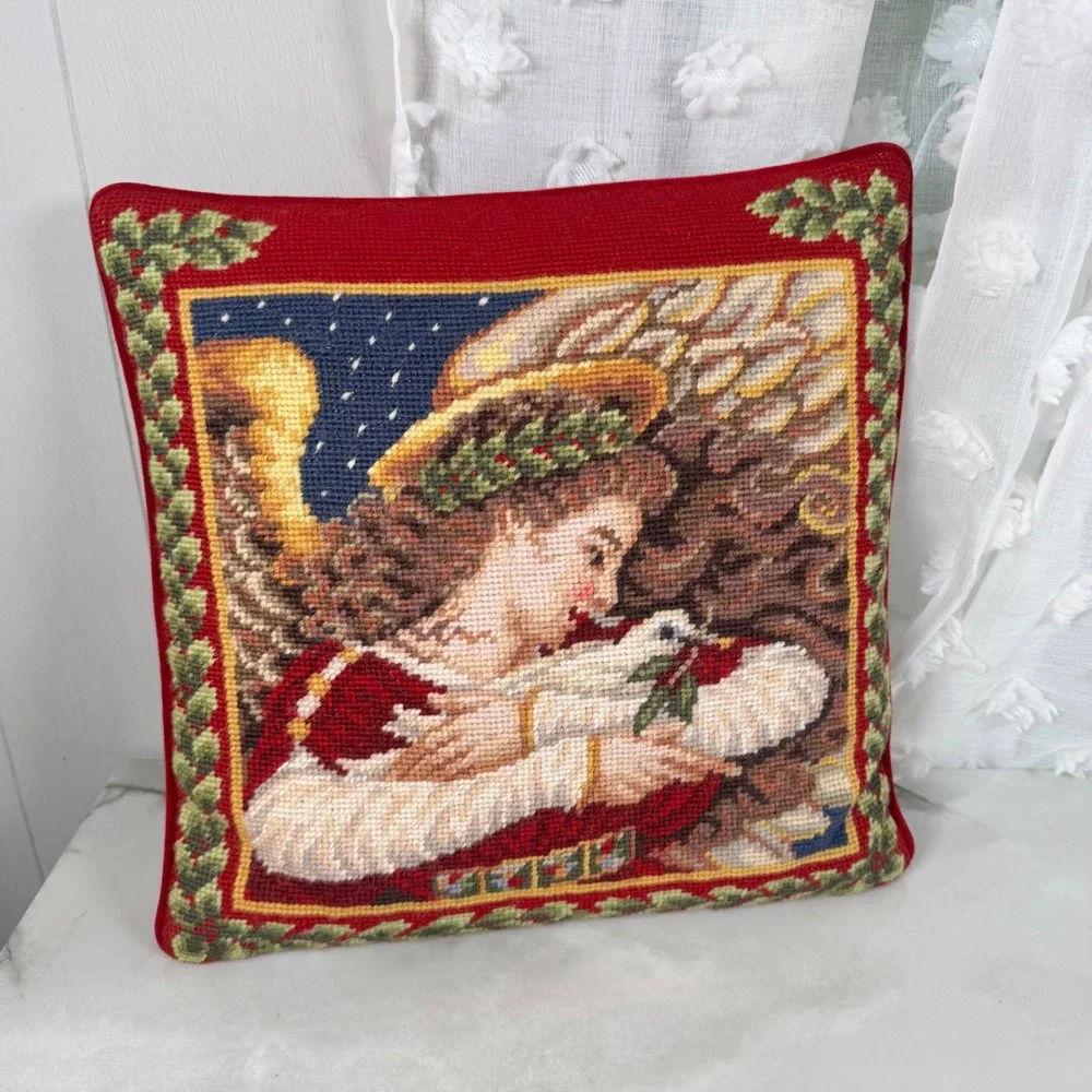 Vintage‎ Lands' End Needlepoint Throw Pillow Angel Cradling Dove Christmas 13